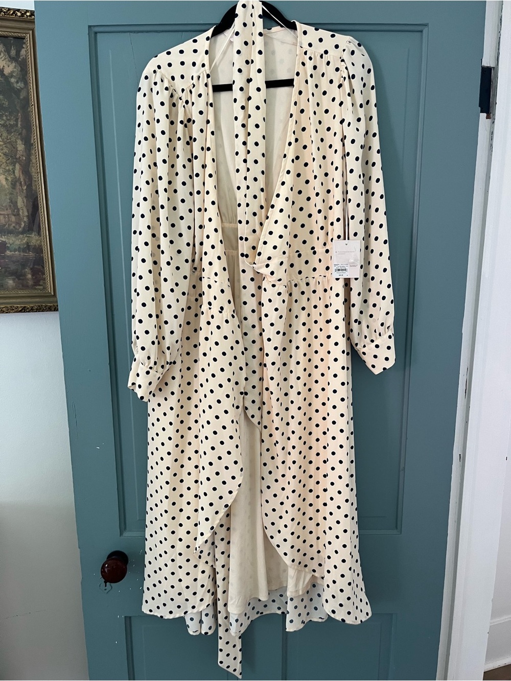 LC Lauren Conrad Cream and Blue Polka Dot Maxi Dress with Tie Wrap Waist